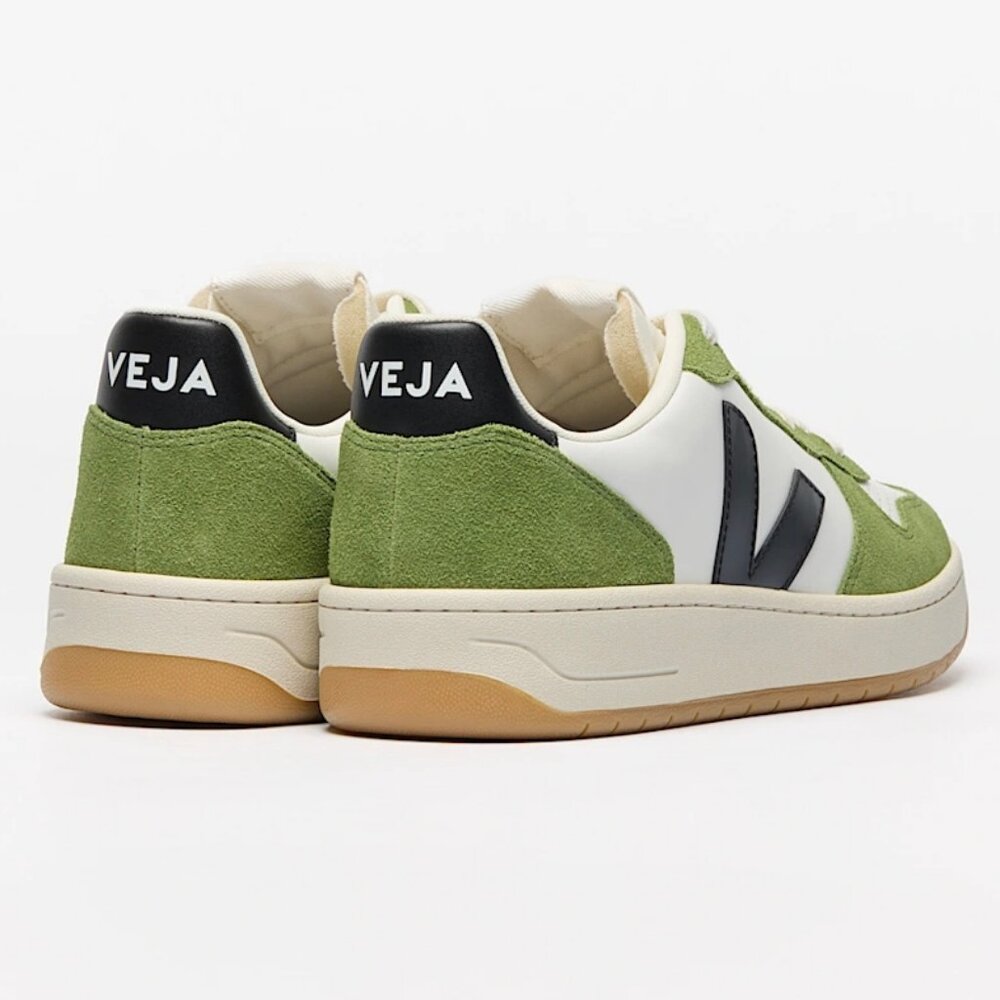 Veja V-10 Prime Leather Sneakers in White/Black/Kiwi